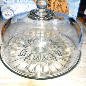 VINTAGE CRYSTAL CAKE STAND WITH DOME LID STARBURST PATTERN PLATE